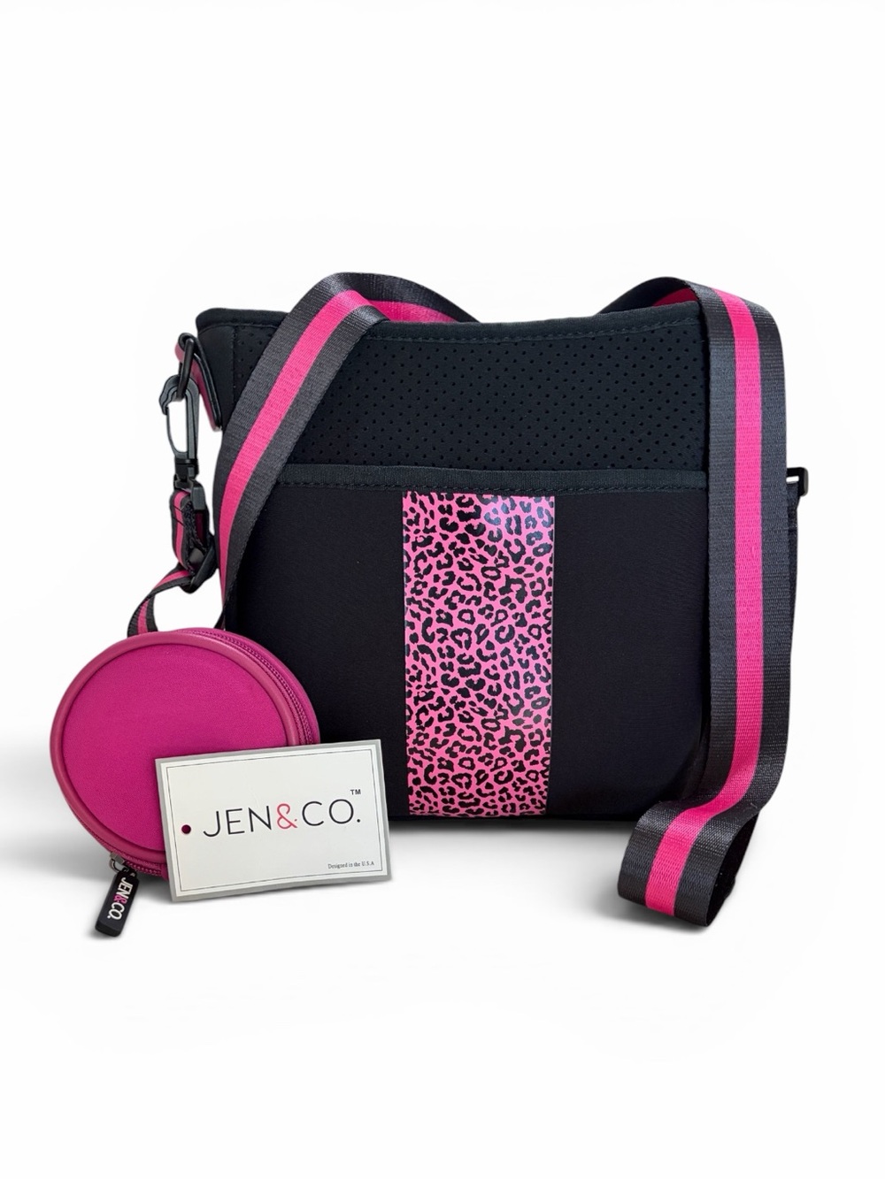 Jen & Co Neoprene Black Crossbody with Hot Pink Leopard Accent
